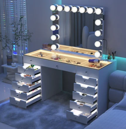 Beautiful Gloss Hollywood Vanity Desk - 13 Drawers USB & Glass Top