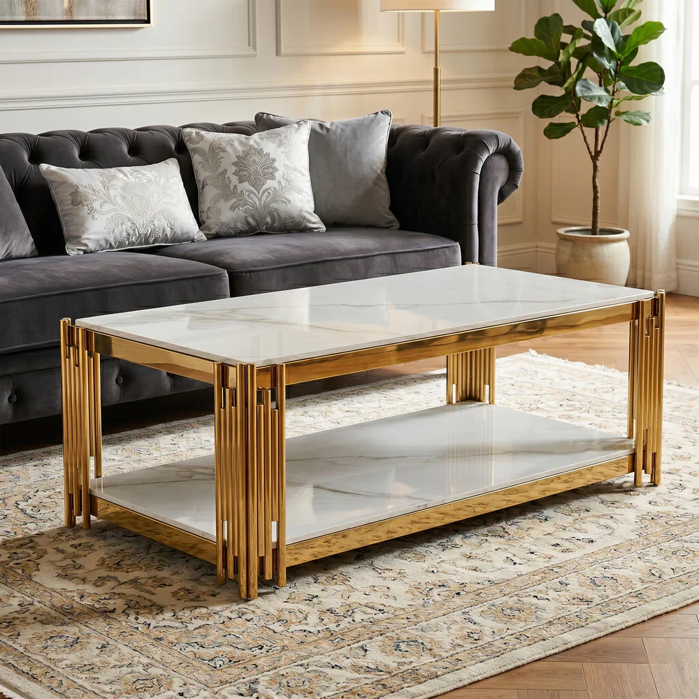 Belini Coffee Table Sintered Stone And Gold-the-furniture-centre (1) Belini Coffee Table Sintered Stone And Gold - Image 1