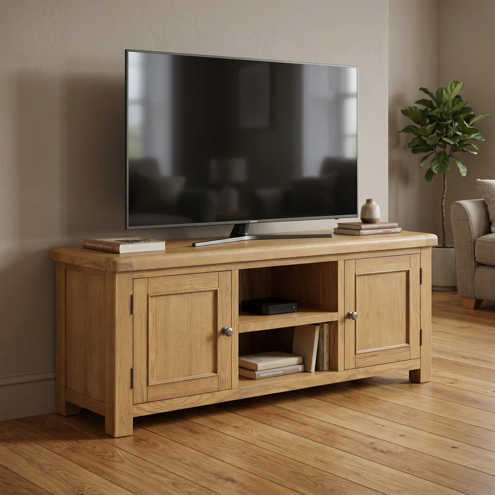 Dorchester Oak Large TV Unit with 2 drawers-the-furniture-centre (1) Dorchester Oak TV Unit - Image 1